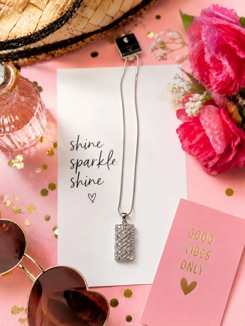 Sterling Silver CZ Pavé Rectangle Pendant Necklace - Silver